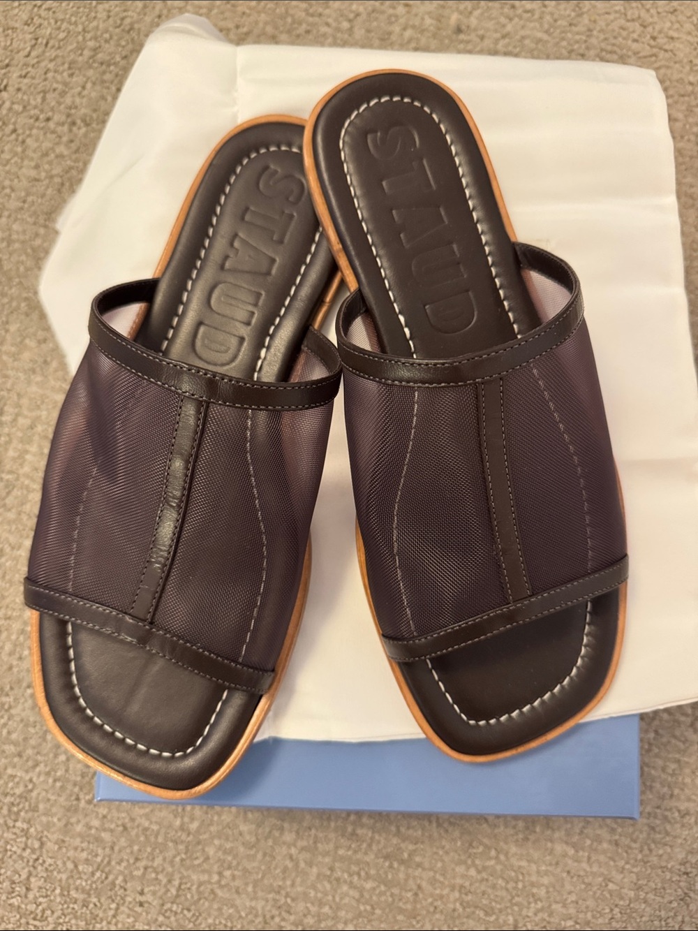 STAUD Women’s Slide Mesh Sandals in Dark Brown with Tan Trim
